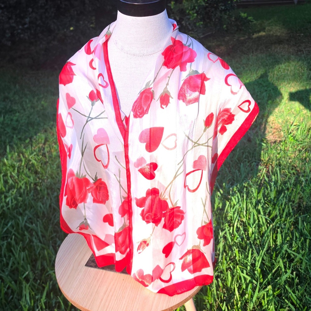 Vintage Red Roses and Hearts Sheer White Scarf Romantic Floral Valentine Scarf